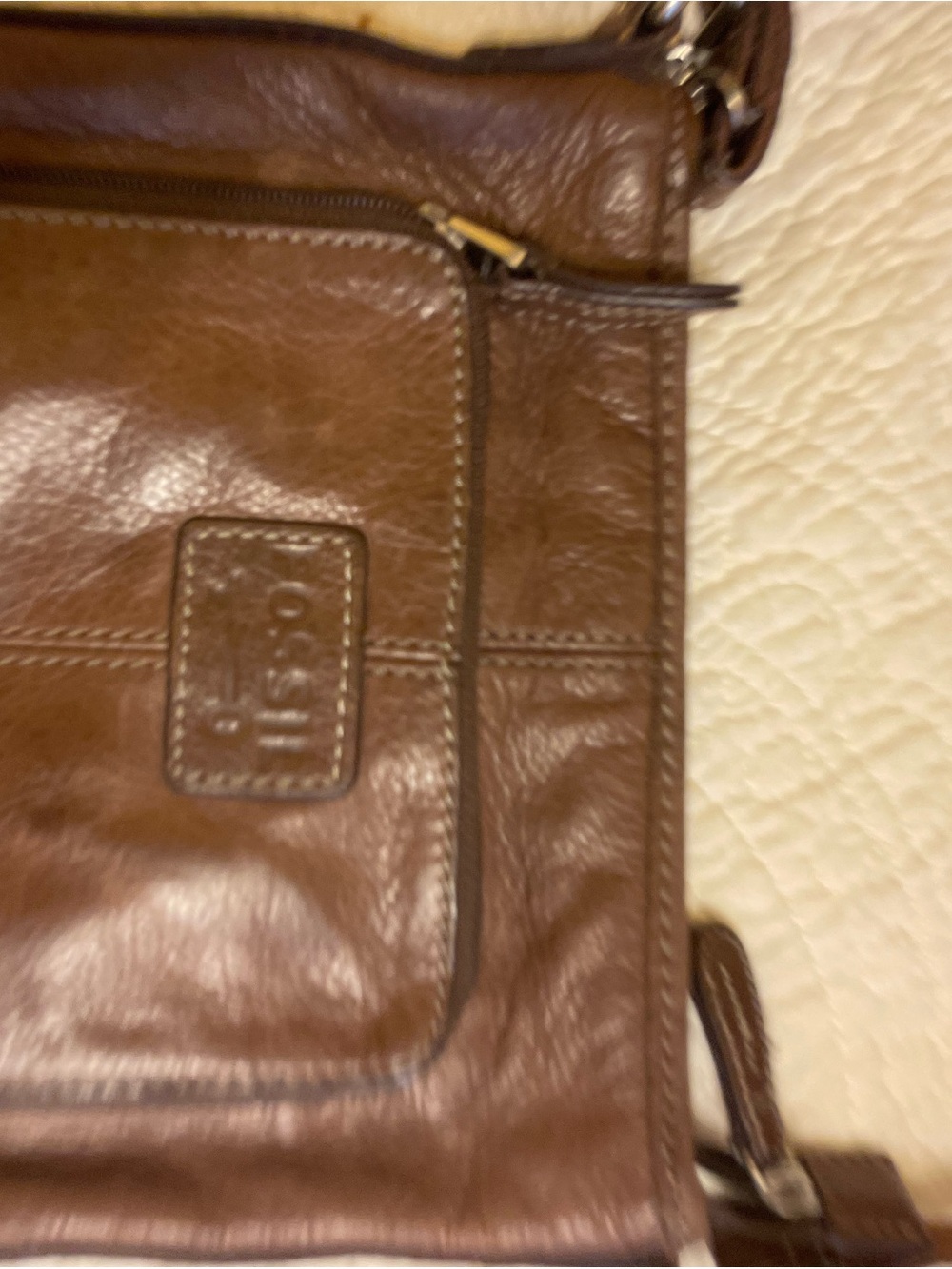 Fossil Brown Leather Messenger Bag with Front Zip Pocket